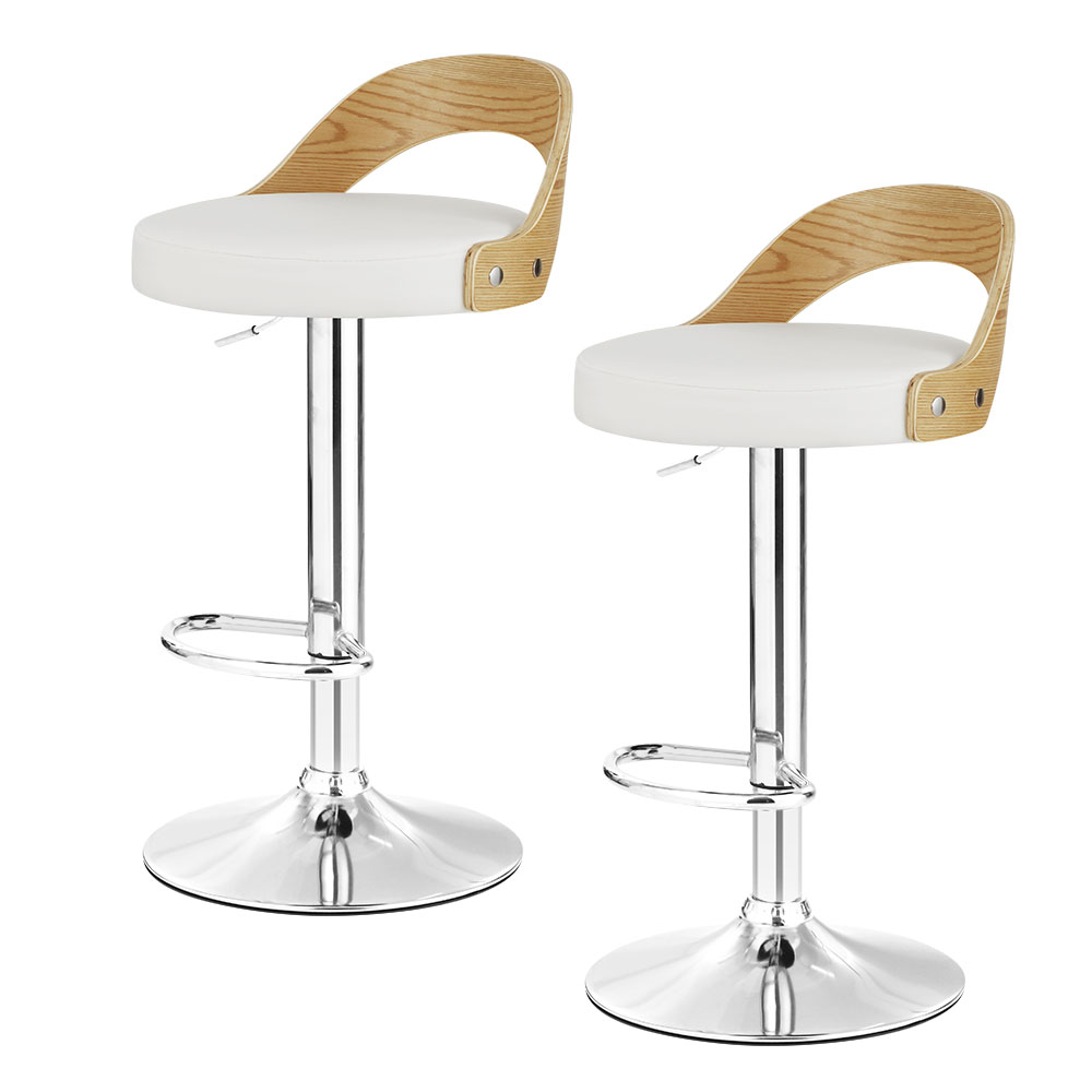 Artiss Set of 2 Bar Stools Kitchen Gas Lift Wooden Stool Metal Barstools Swivel – White