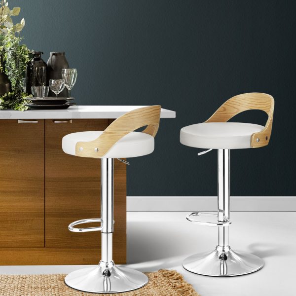 Artiss Set of 2 Bar Stools Kitchen Gas Lift Wooden Stool Metal Barstools Swivel – White