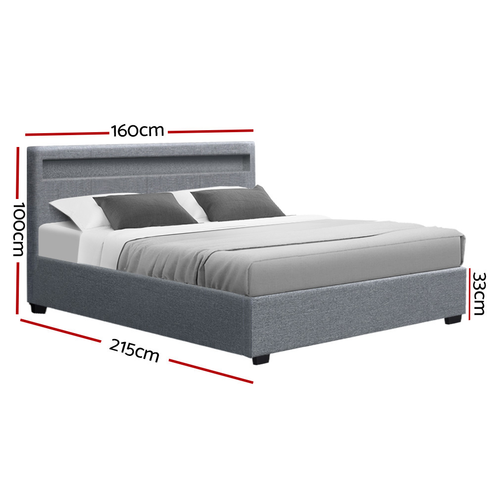 Artiss Cole LED Bed Frame PU Leather Gas Lift Storage – Grey, QUEEN
