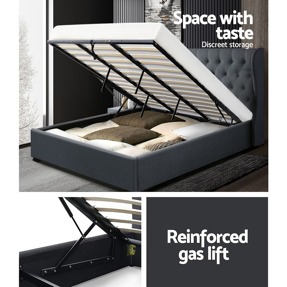 Artiss Issa Bed Frame Fabric Gas Lift Storage – Charcoal, KING
