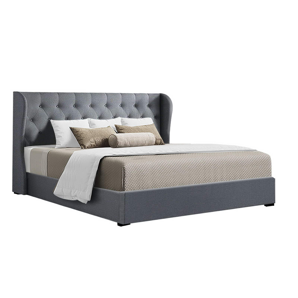 Artiss Issa Bed Frame Fabric Gas Lift Storage – Grey, KING