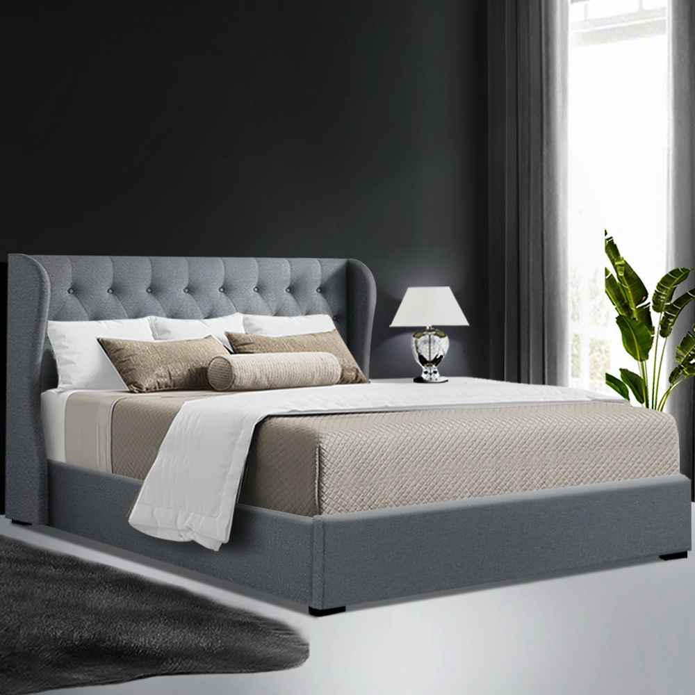 Artiss Issa Bed Frame Fabric Gas Lift Storage – Grey, QUEEN