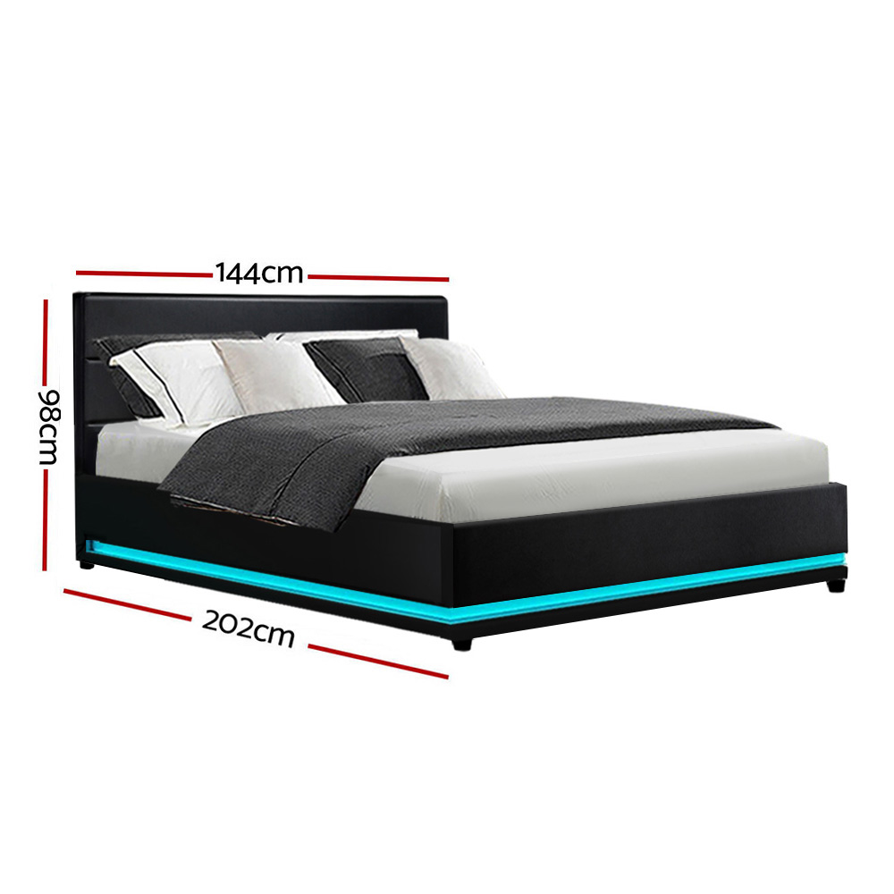 Artiss Lumi LED Bed Frame PU Leather Gas Lift Storage – Black, DOUBLE