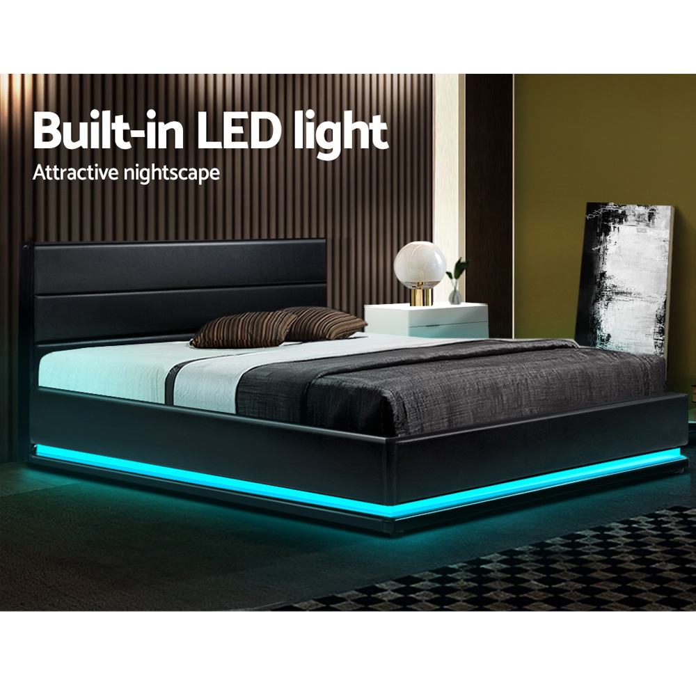 Artiss Lumi LED Bed Frame PU Leather Gas Lift Storage – Black, DOUBLE