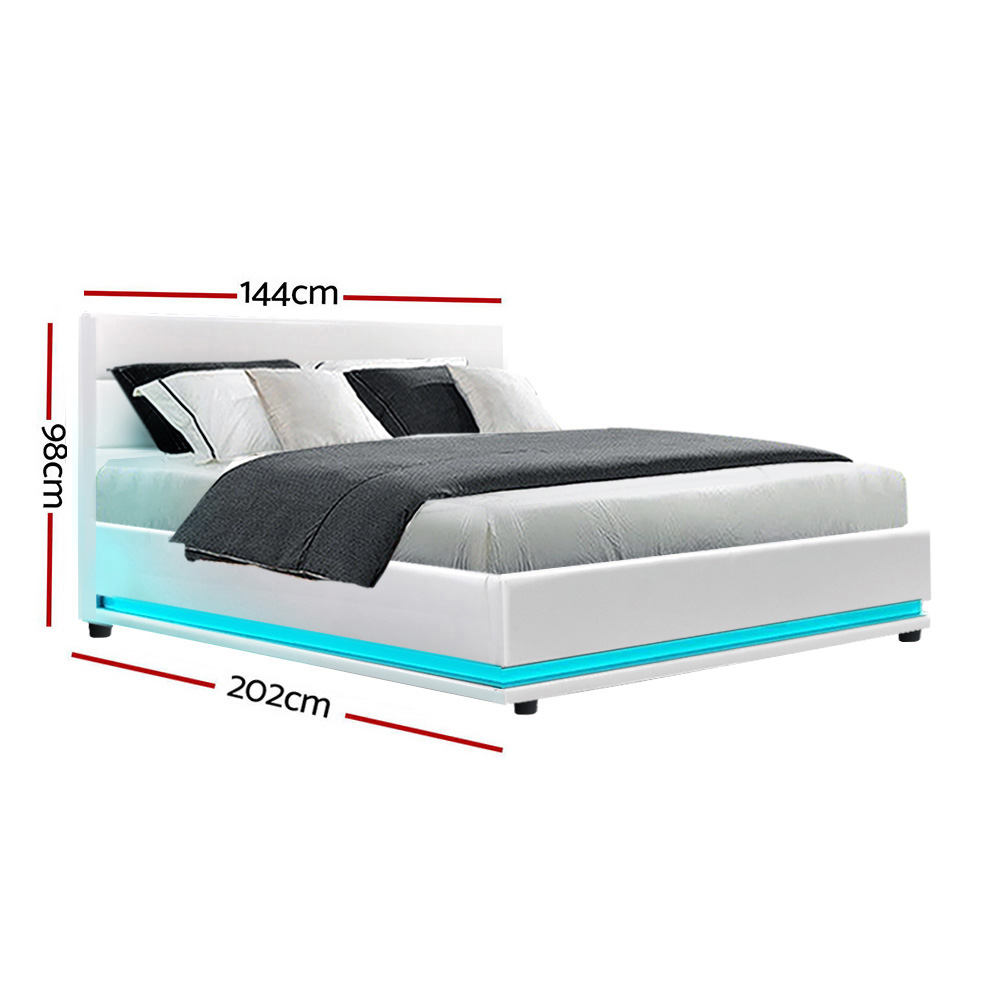 Artiss Lumi LED Bed Frame PU Leather Gas Lift Storage – White, DOUBLE