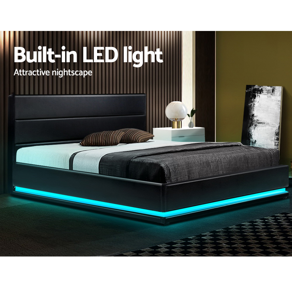 Artiss Lumi LED Bed Frame PU Leather Gas Lift Storage – Black, KING