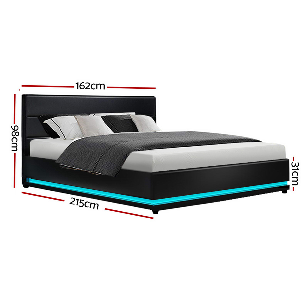 Artiss Lumi LED Bed Frame PU Leather Gas Lift Storage – Black, QUEEN