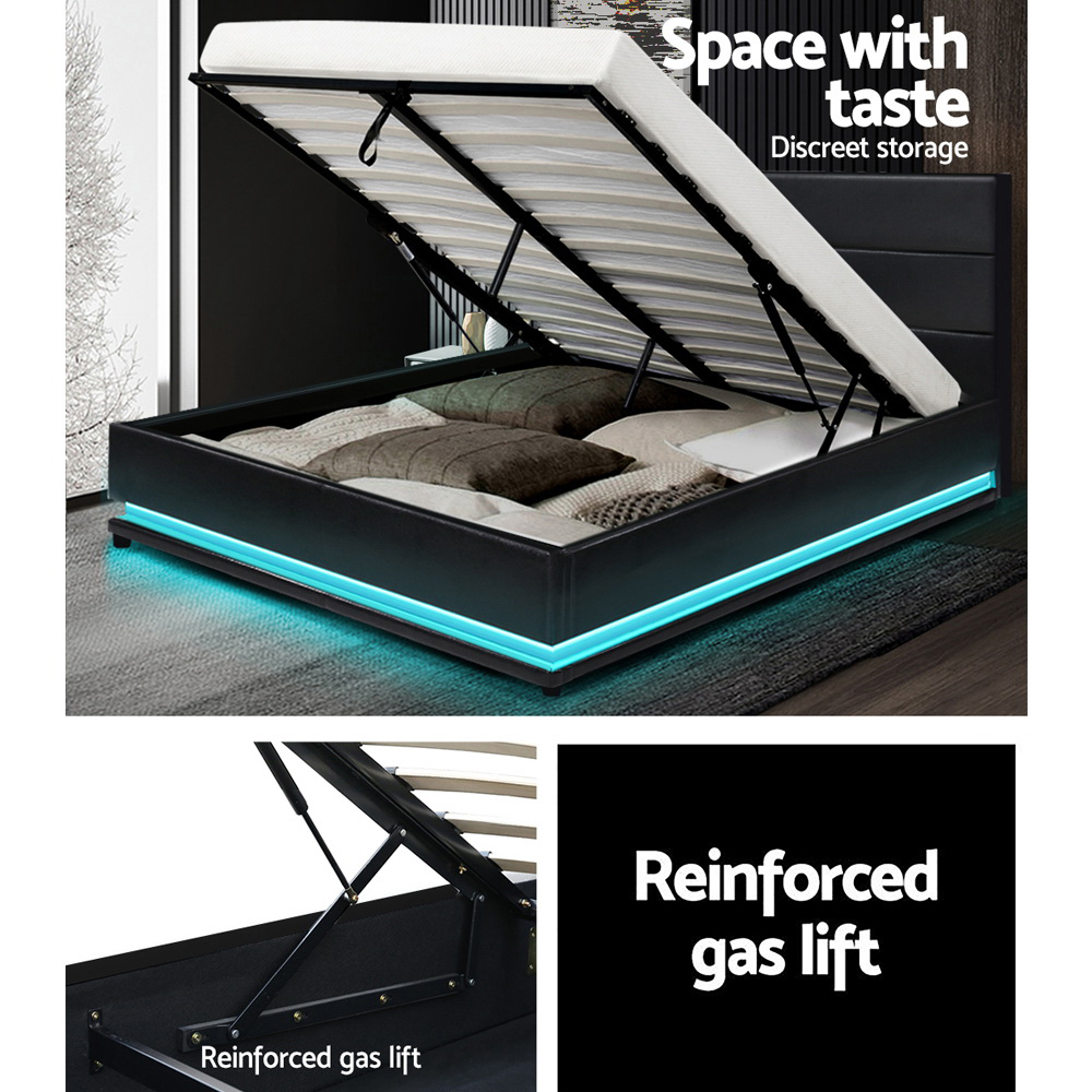 Artiss Lumi LED Bed Frame PU Leather Gas Lift Storage – Black, QUEEN
