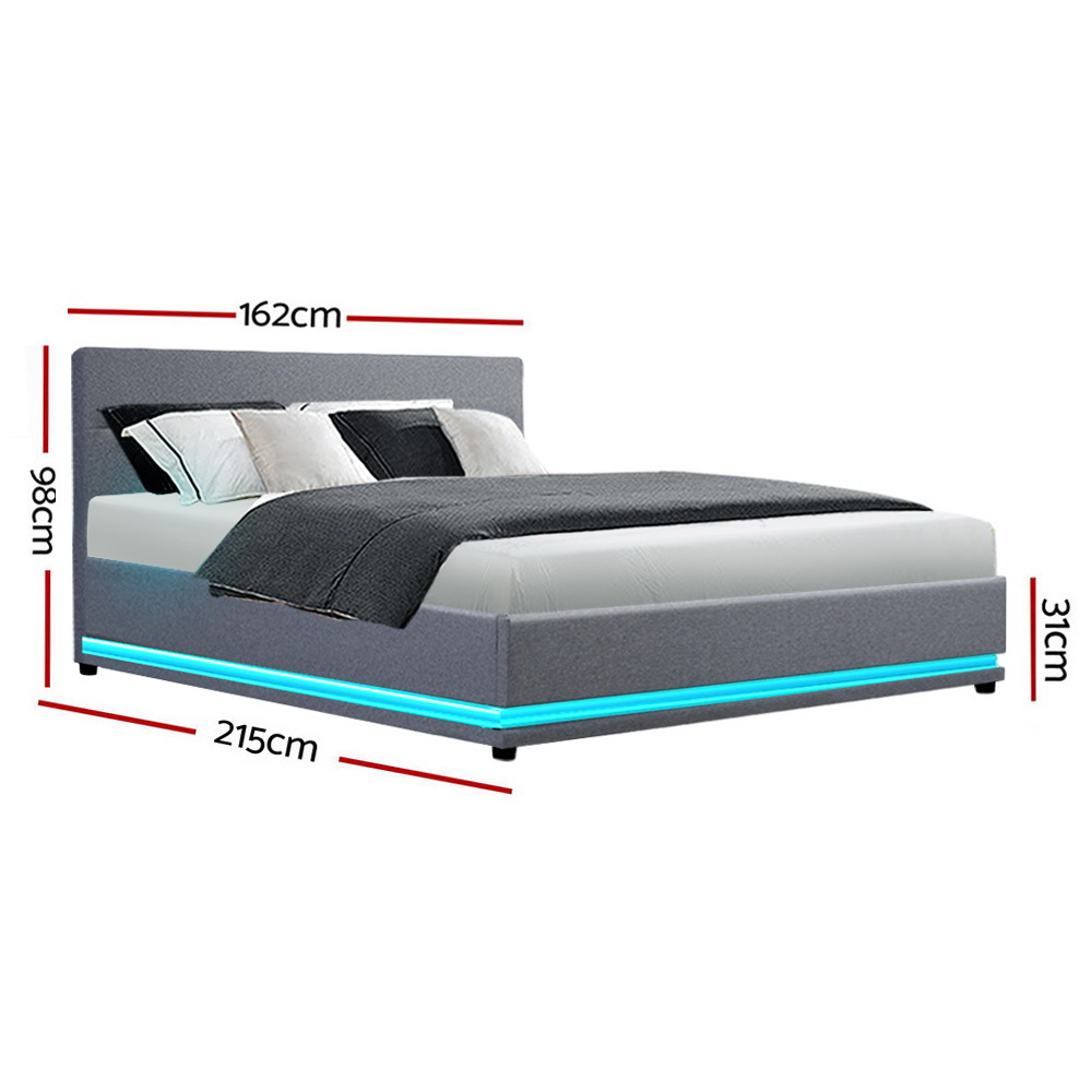 Artiss Lumi LED Bed Frame PU Leather Gas Lift Storage – Grey, QUEEN