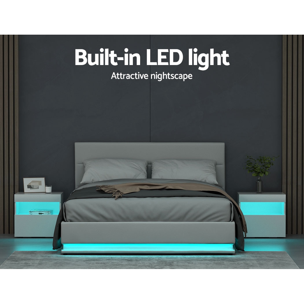 Artiss Lumi LED Bed Frame PU Leather Gas Lift Storage – White, QUEEN