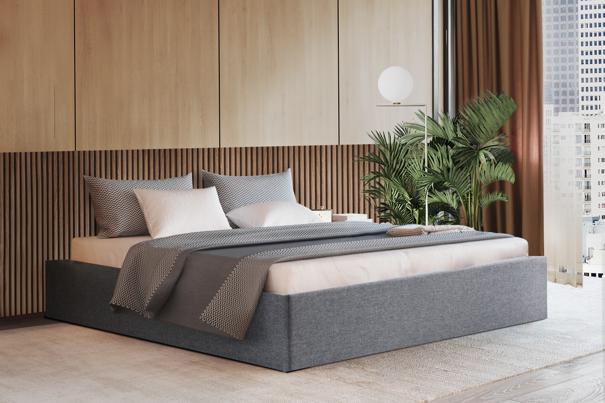 Artiss TOKI Storage Gas Lift Bed Frame without Headboard Fabric – Grey, KING SINGLE