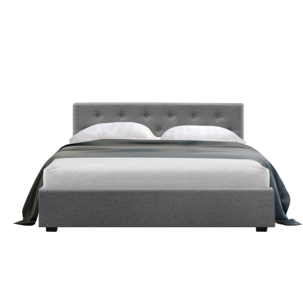 Artiss Bed Frame Gas Lift Base With Storage Fabric Vila Collection – Grey, DOUBLE