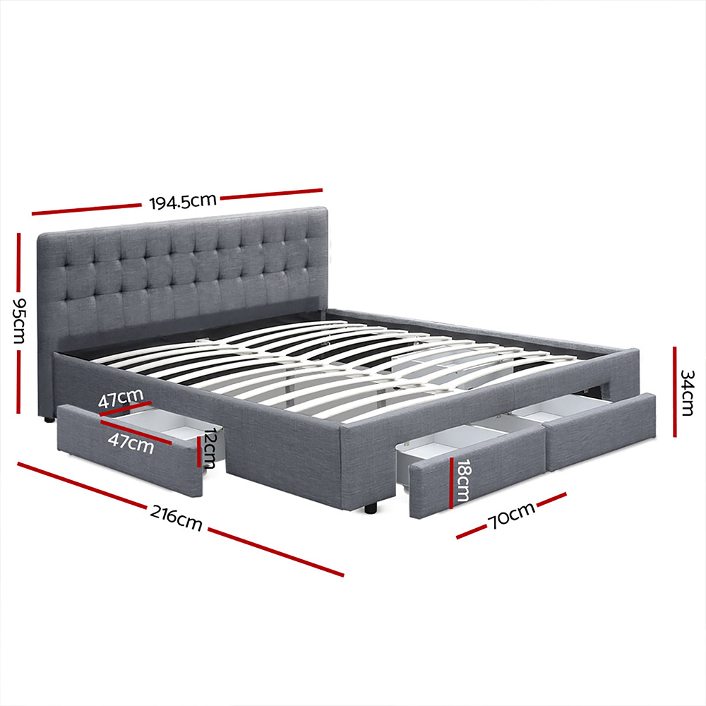 Artiss Avio Bed Frame Fabric Storage Drawers – Grey, KING