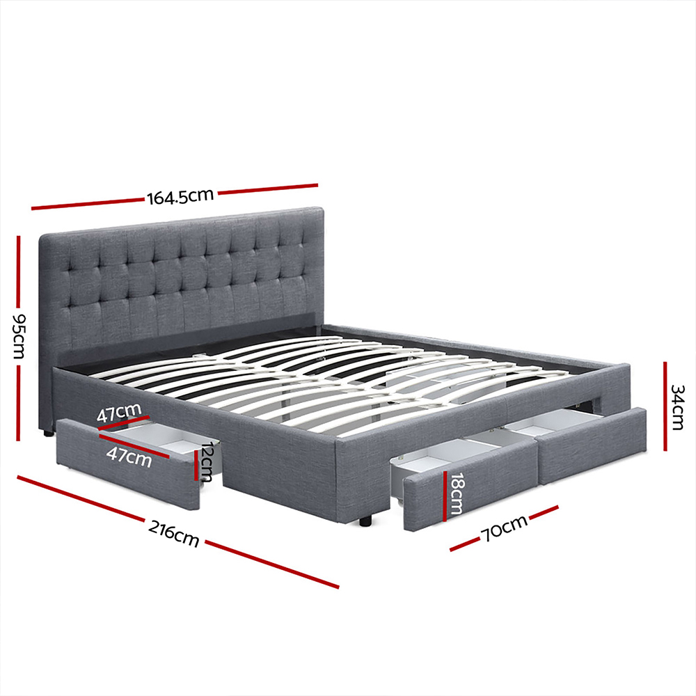 Artiss Avio Bed Frame Fabric Storage Drawers – Grey, QUEEN