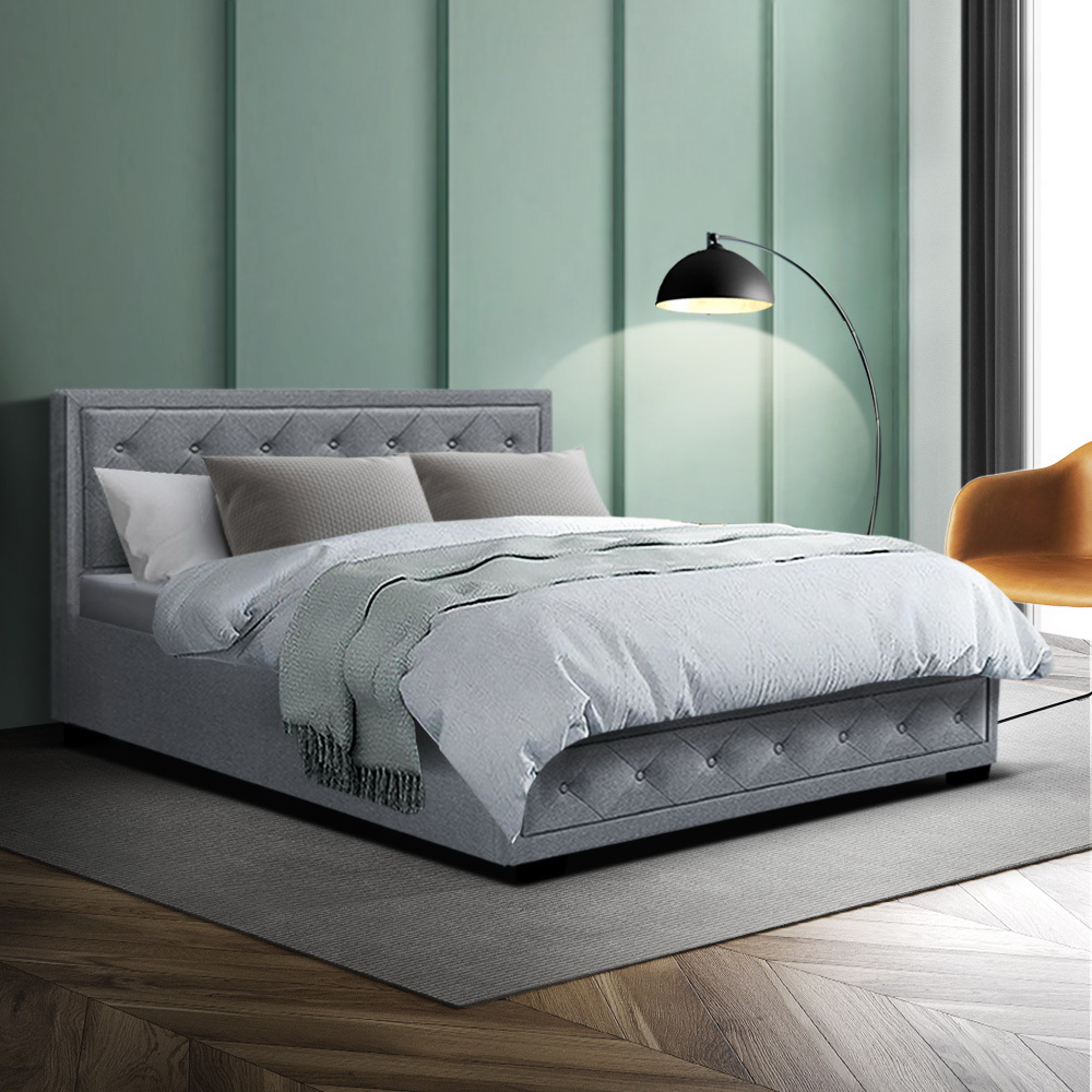 Artiss Tiyo Bed Frame Fabric Gas Lift Storage – Grey, DOUBLE