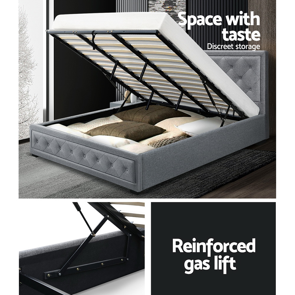 Artiss Tiyo Bed Frame Fabric Gas Lift Storage – Grey, KING