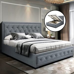 Artiss Tiyo Bed Frame Fabric Gas Lift Storage – Grey, QUEEN
