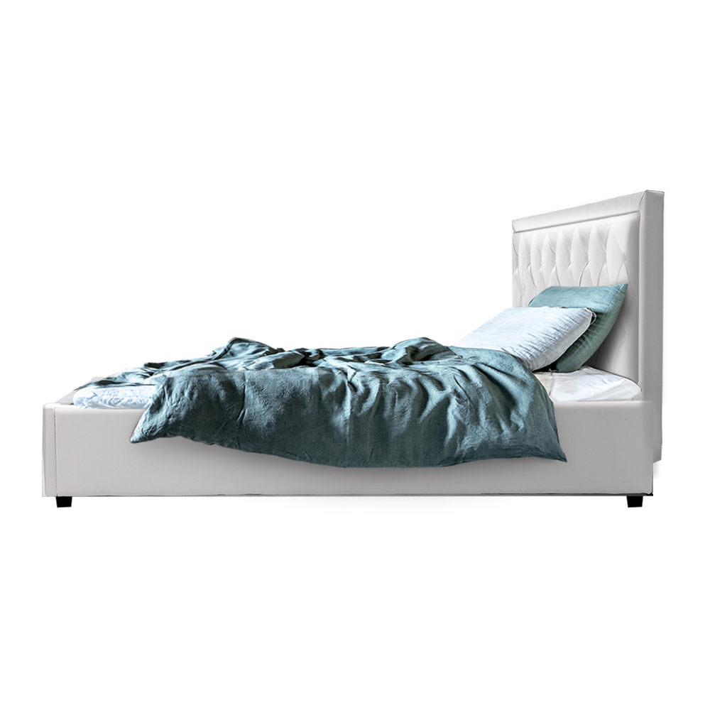 Artiss Tiyo Bed Frame Fabric Gas Lift Storage – White, QUEEN