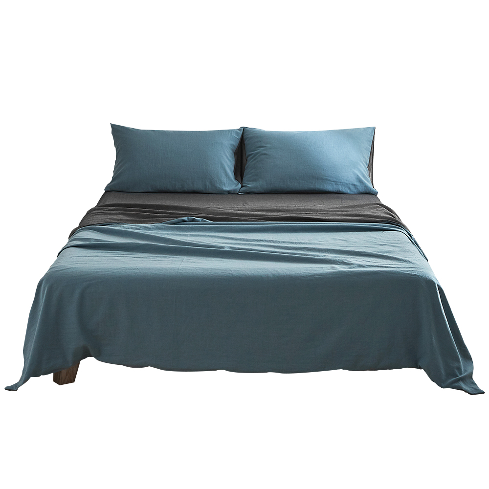 Cosy Club Washed Cotton Sheet Set – Blue and Grey, Doube