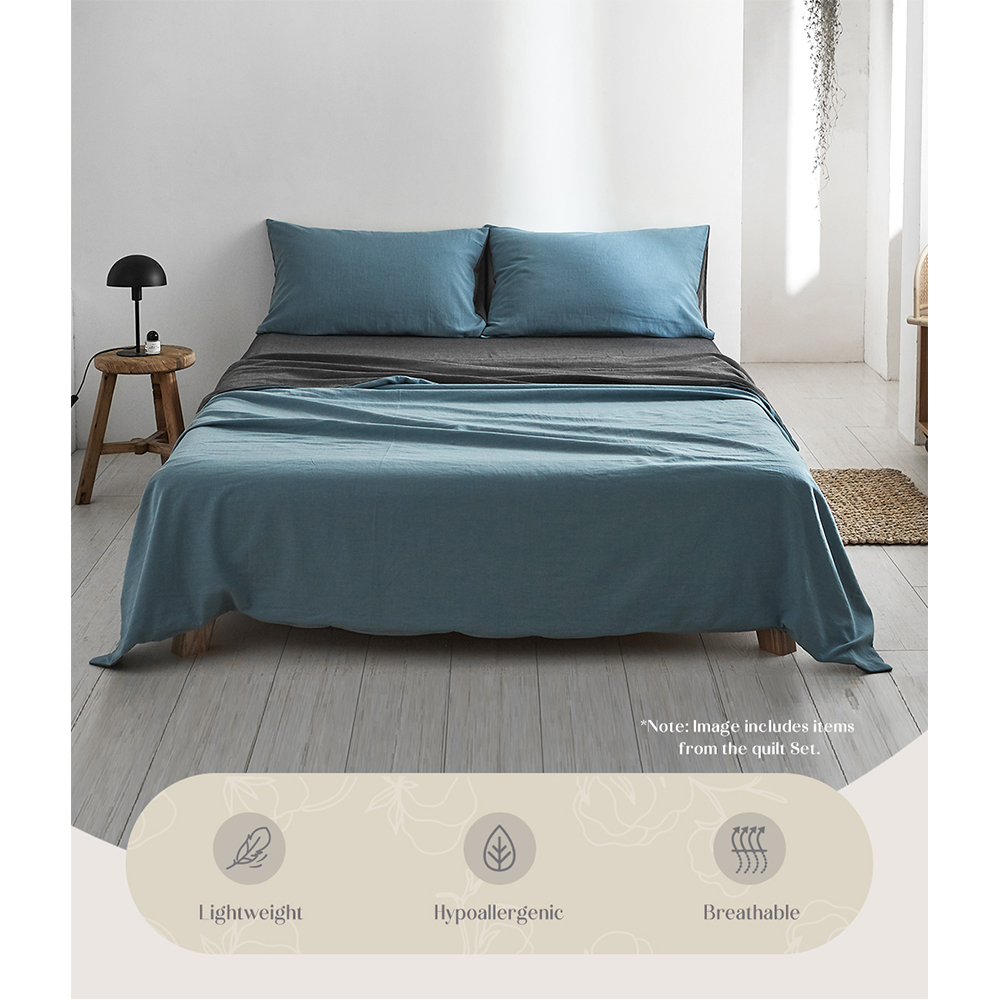 Cosy Club Washed Cotton Sheet Set – Blue and Grey, SINGLE