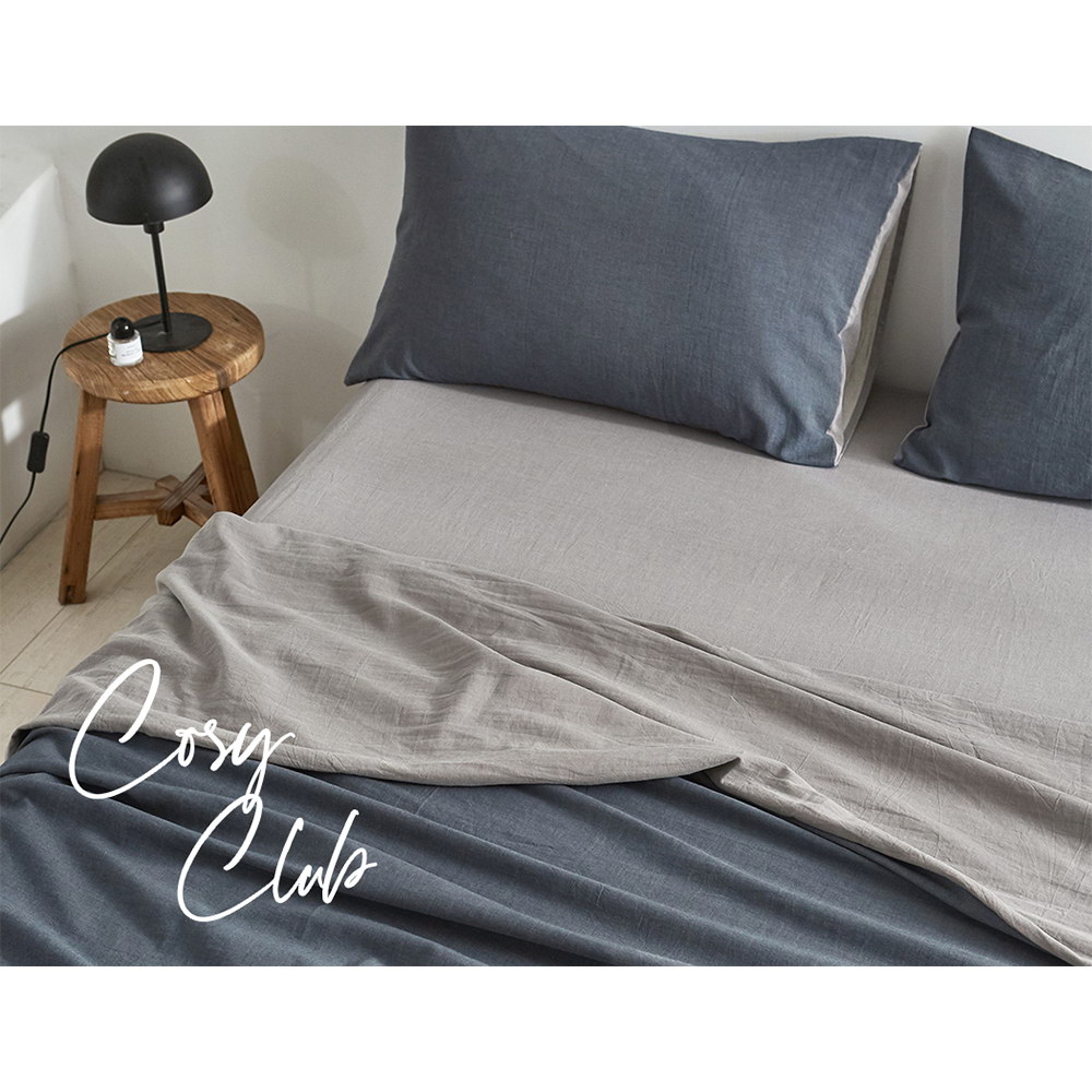 Cosy Club Washed Cotton Sheet Set – Dark Blu and Grey, SINGLE