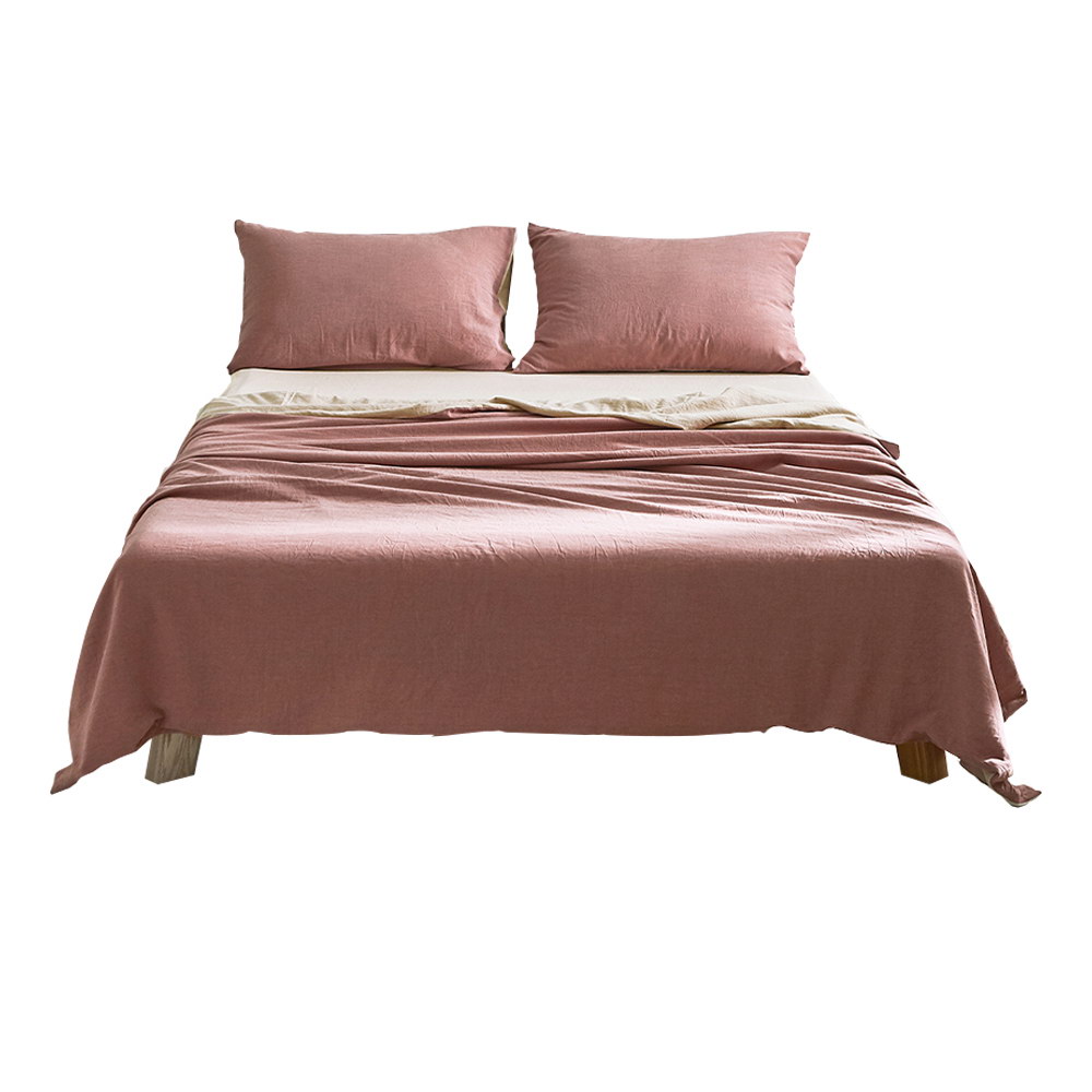 Cosy Club Washed Cotton Sheet Set – Red and Beige, SINGLE