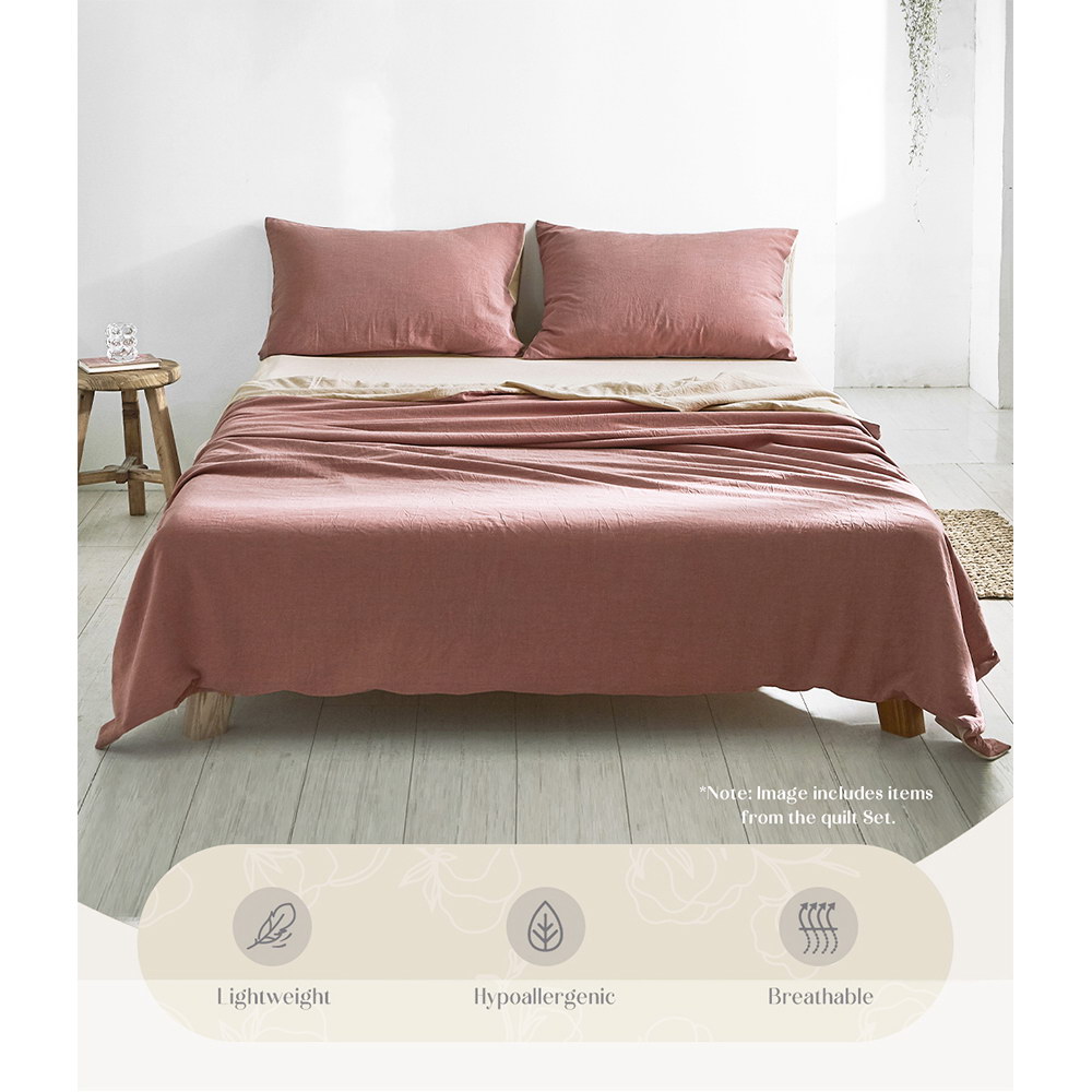 Cosy Club Washed Cotton Sheet Set – Red and Beige, SINGLE