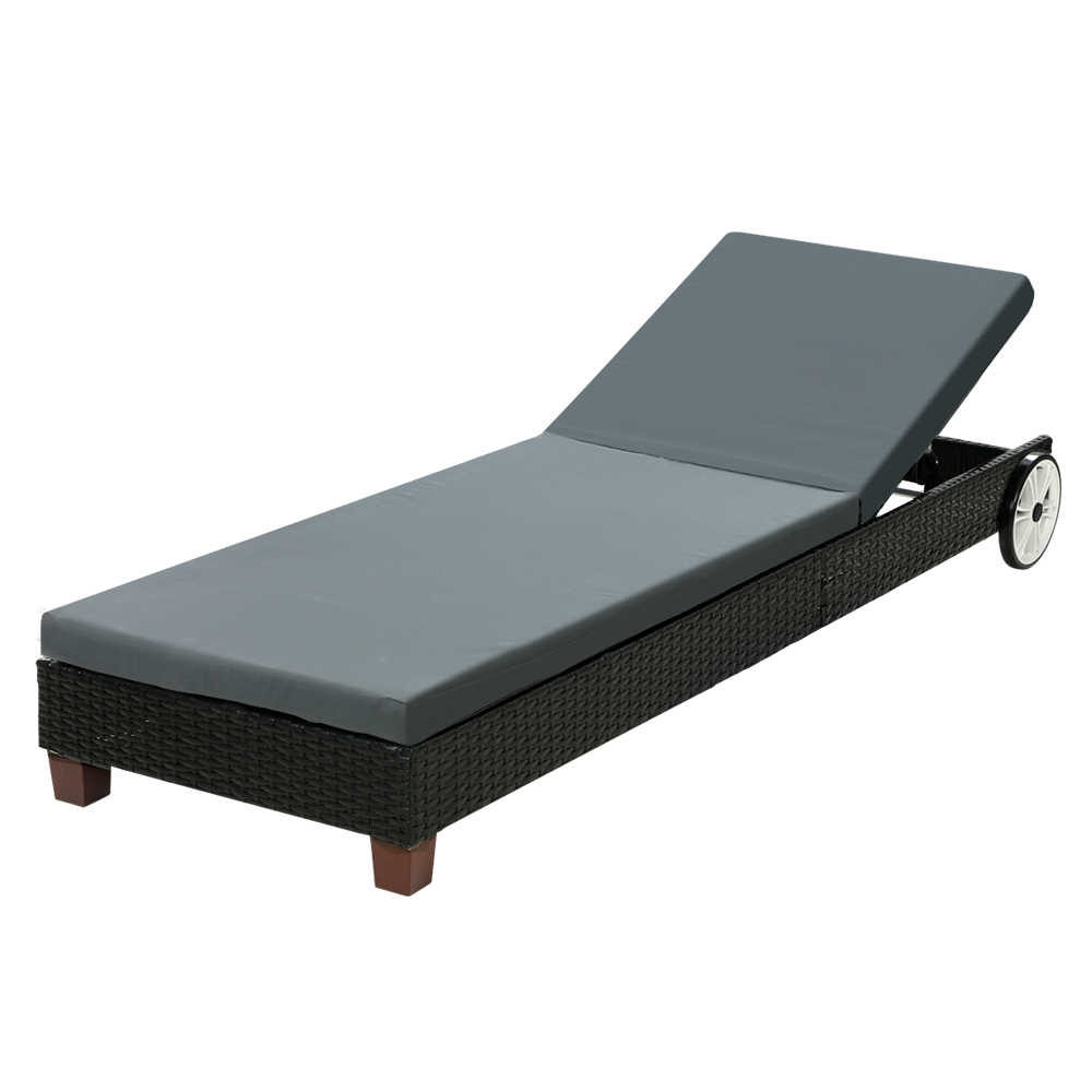 Gardeon Sun Lounge Wicker Lounger Day Bed Wheel Patio Outdoor Furniture Setting – Black