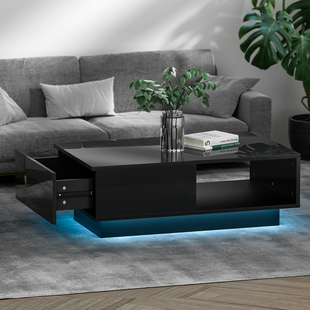Artiss Coffee Table LED Lights High Gloss Storage Drawer Modern Furniture – Black