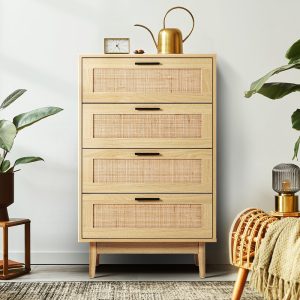 Artiss Chest of Drawers Rattan Tallboy Cabinet Bedroom Clothes Storage Wood – 4 Drawer