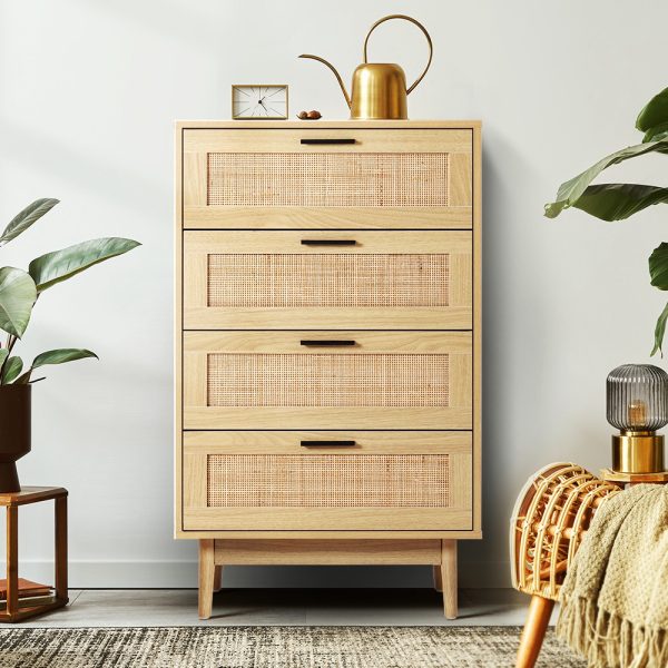 Chest of Drawers Rattan Tallboy Cabinet Bedroom Clothes Storage Wood