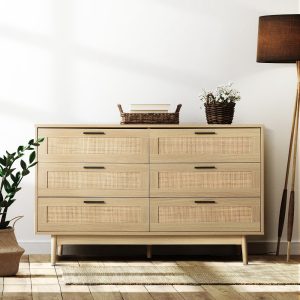 Artiss Chest of Drawers Rattan Tallboy Cabinet Bedroom Clothes Storage Wood – 6 Drawer