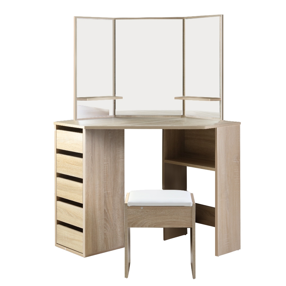 Artiss Corner Dressing Table Mirror Stool Set Makeup Vanity Desk Chair – Oak