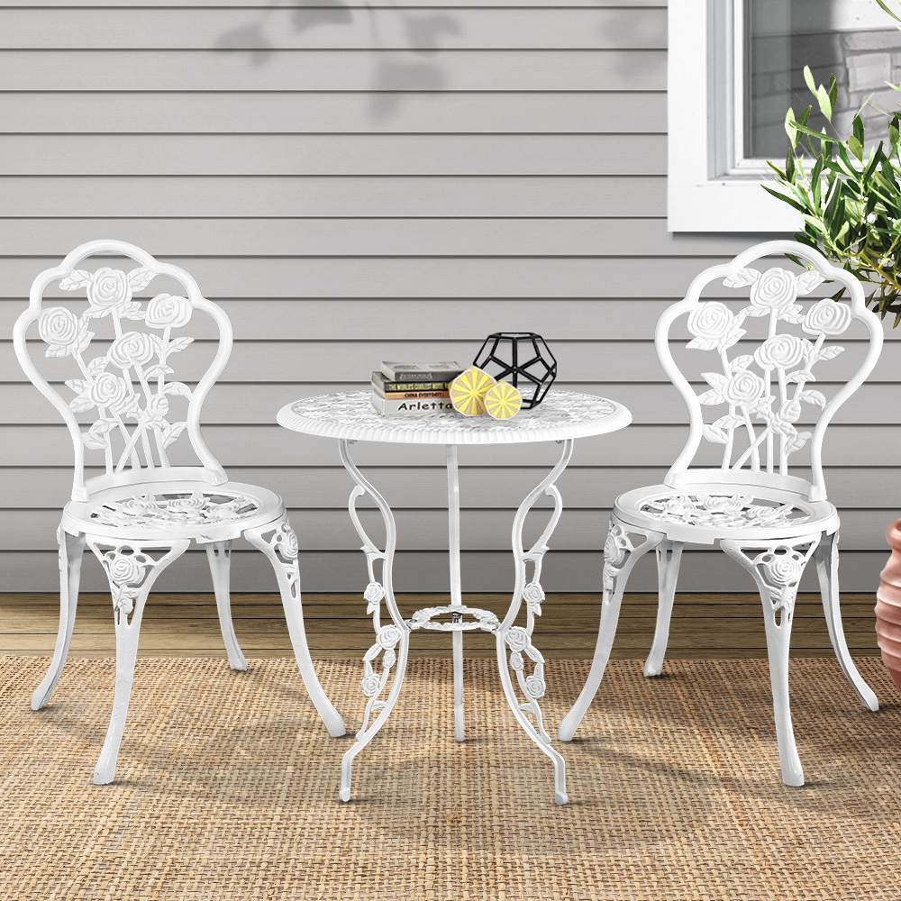 Gardeon 3PC Outdoor Setting Cast Aluminium Bistro Table Chair Patio – White