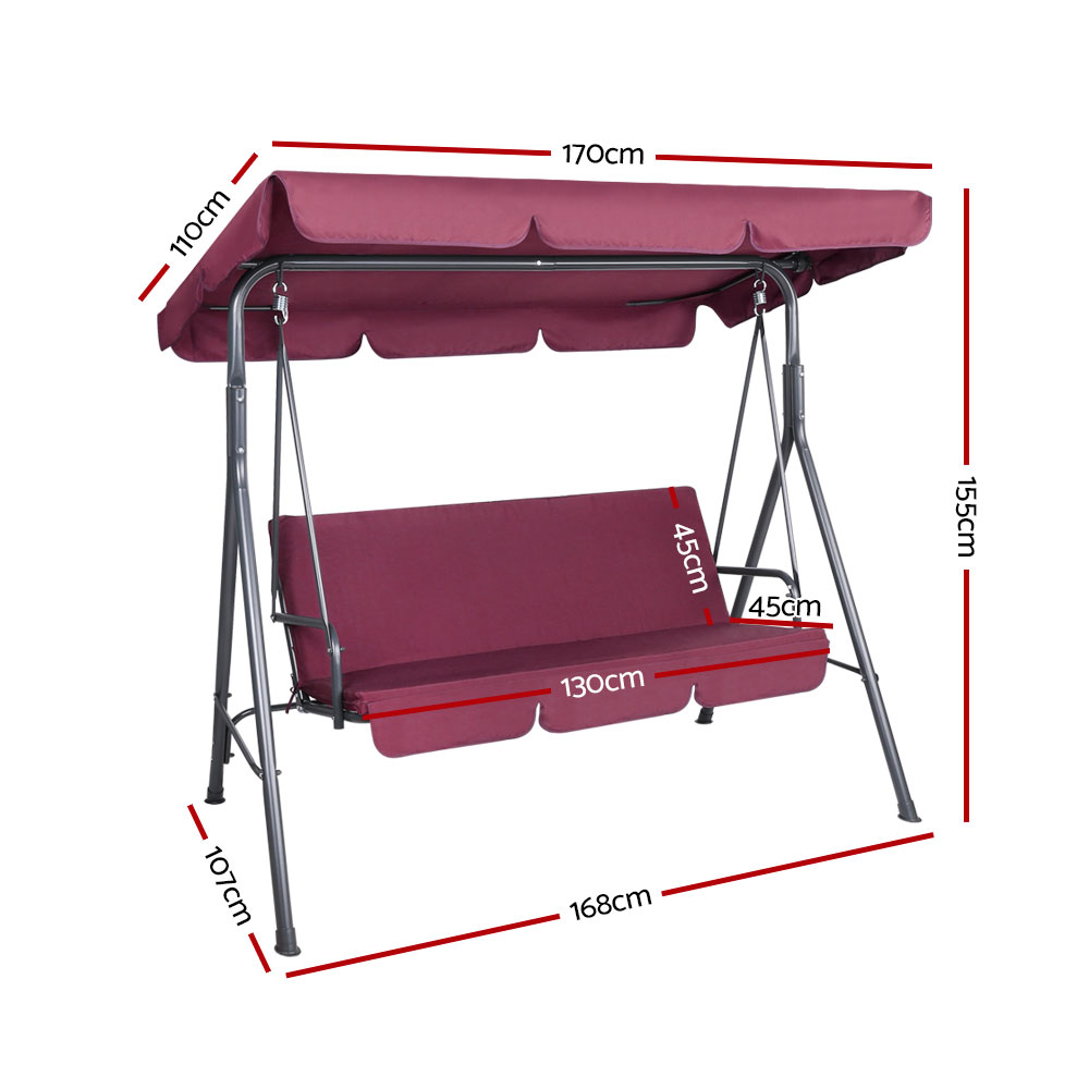 Gardeon Outdoor Swing Chair Hammock 3 Seater Garden Canopy Bench Seat Backyard – Wine Red