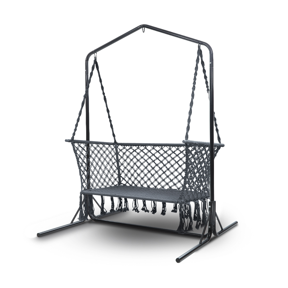 Gardeon Double Swing Hammock Chair with Stand Macrame Outdoor Bench Seat Chairs – Grey