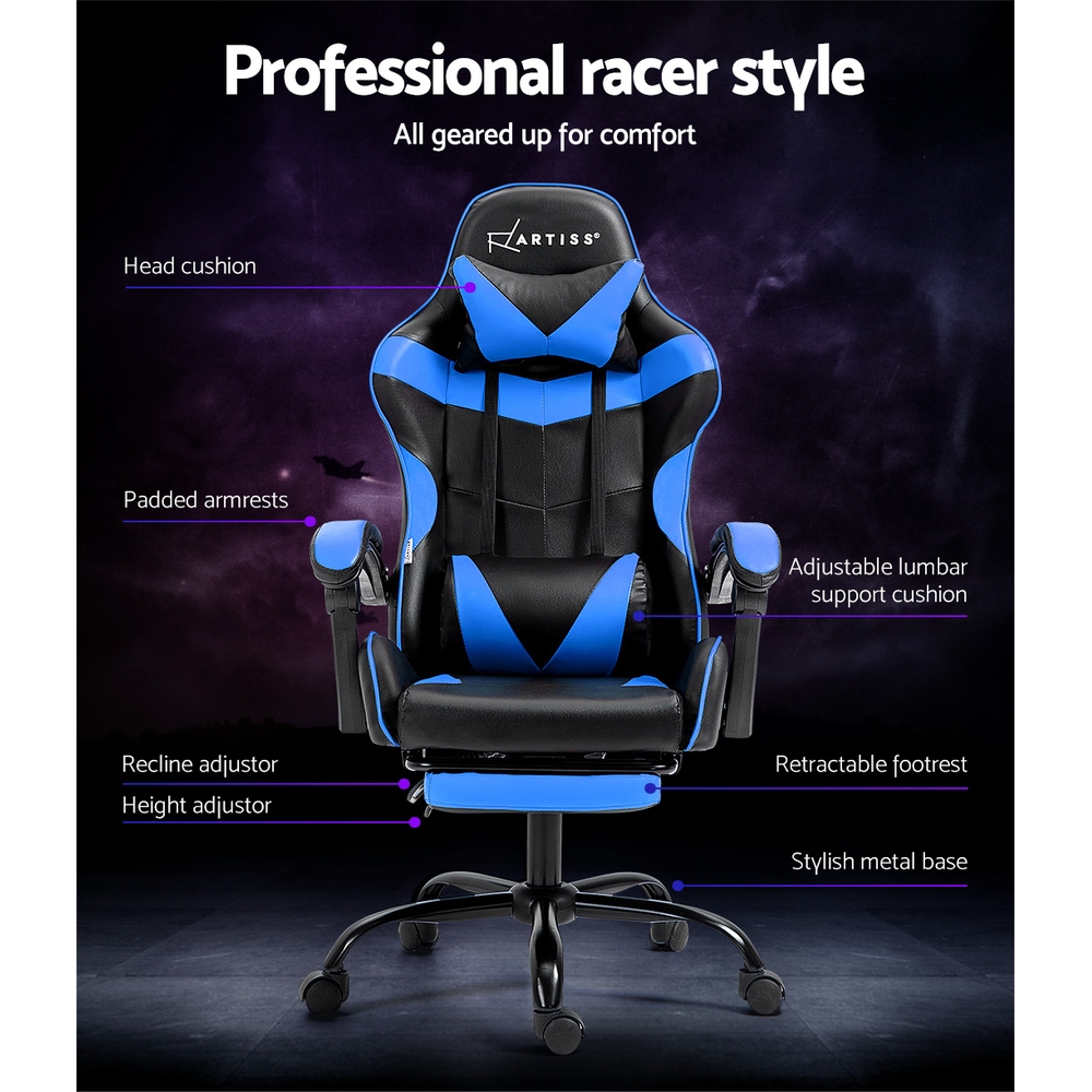 Artiss Office Chair Leather Gaming Chairs Footrest Recliner Study Work – Black and Blue