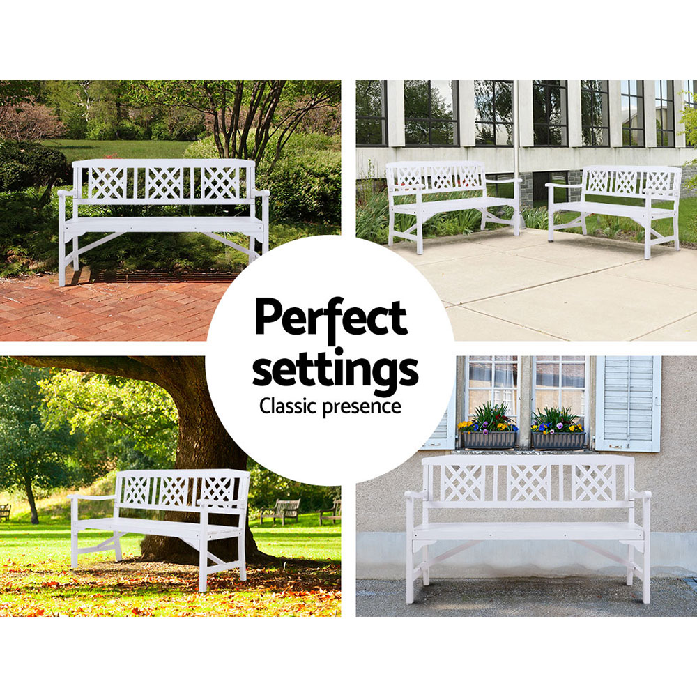 Gardeon Wooden Garden Bench Patio Furniture Timber Outdoor Lounge Chair – White, 3 Seater