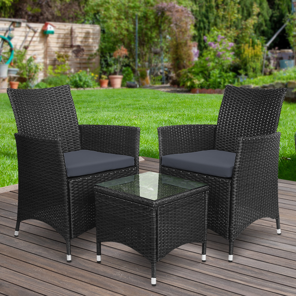 Gardeon 3 Piece Wicker Outdoor Furniture Set – Black