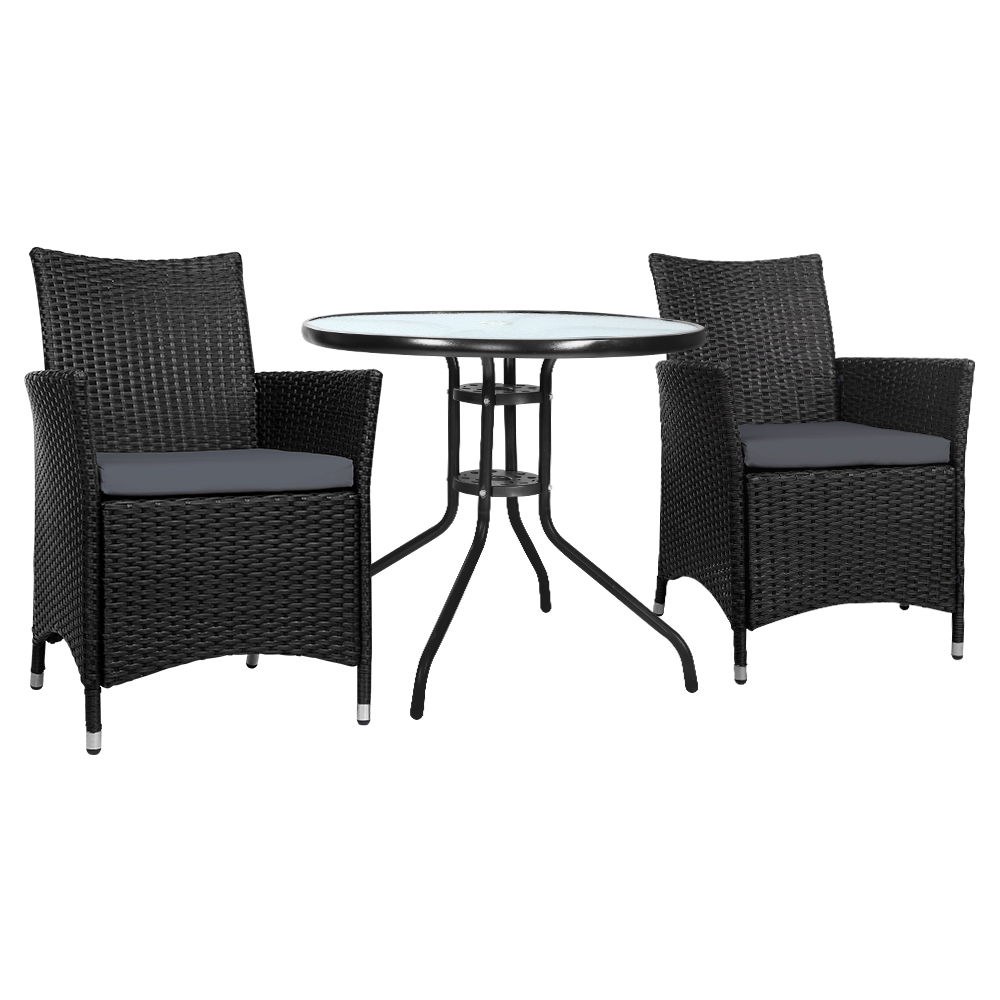 Outdoor Bistro Set Chairs Patio Furniture Dining Wicker Garden Cushion Gardeon – 2X Chair + Table