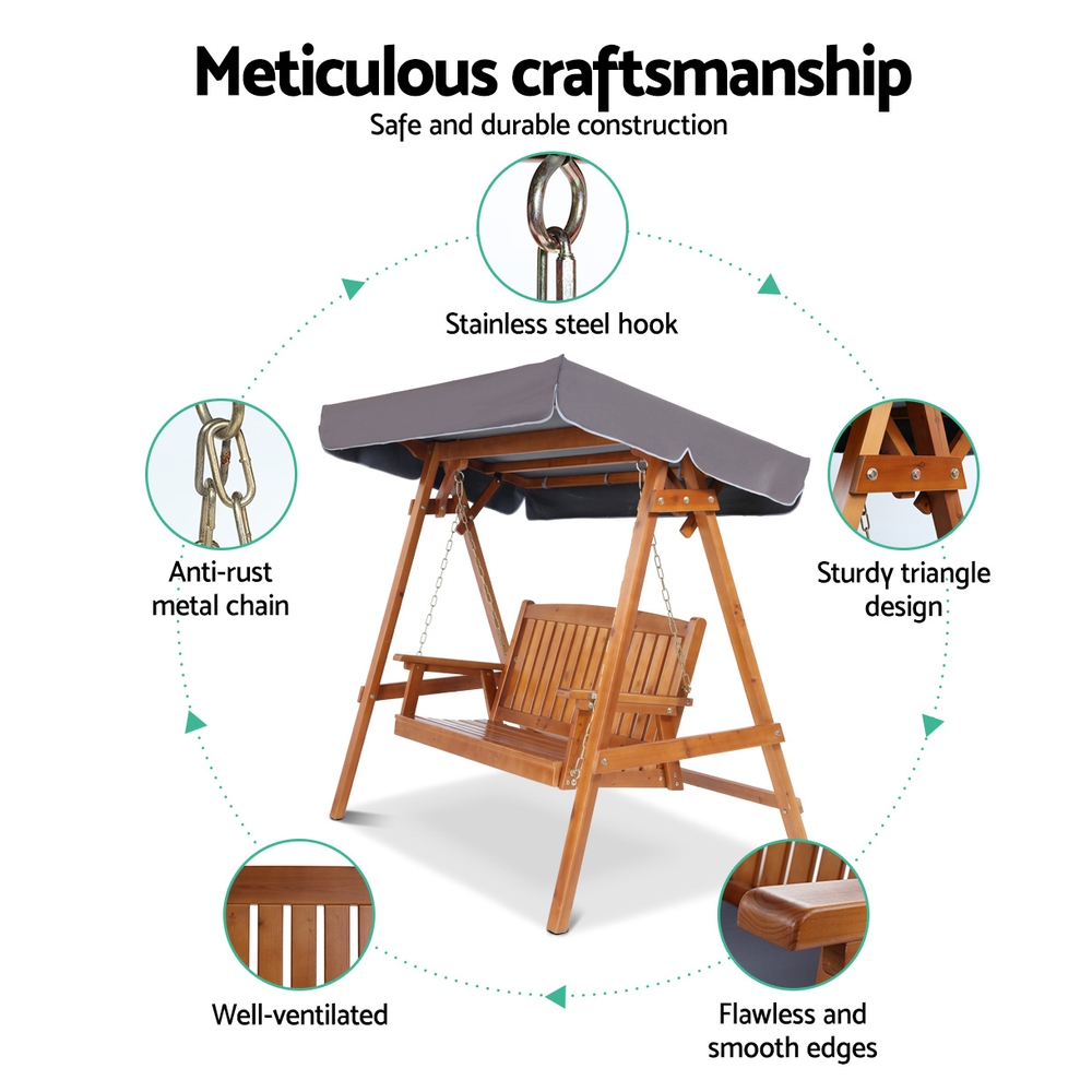 Gardeon Swing Chair Wooden Garden Bench Canopy Outdoor Furniture – Teak, 3 Seater