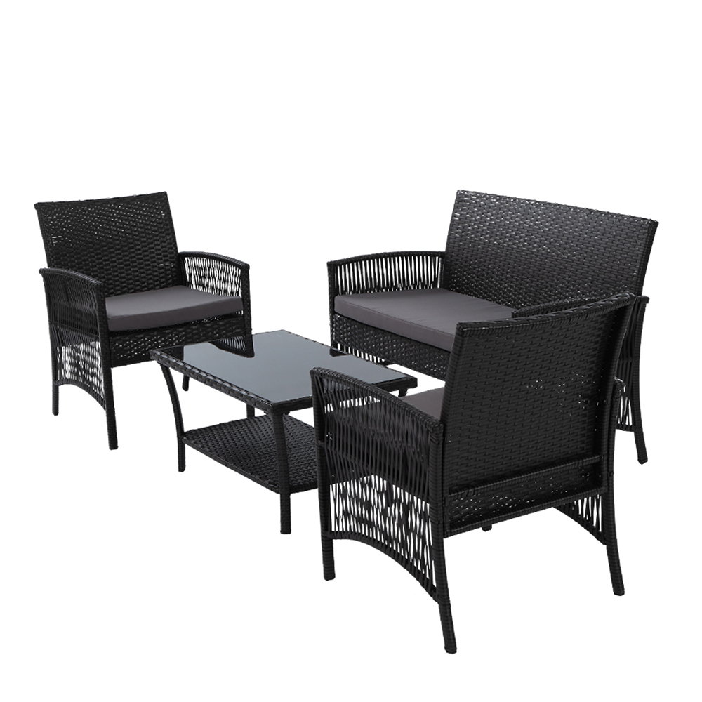Gardeon 4 PCS Outdoor Furniture Lounge Setting Wicker Dining Set – Black, Without Storage Cover