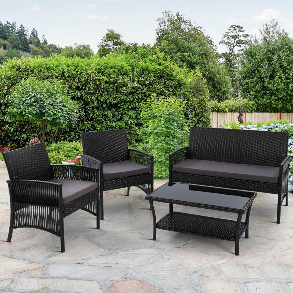 Gardeon 4 PCS Outdoor Furniture Lounge Setting Wicker Dining Set – Black, Without Storage Cover