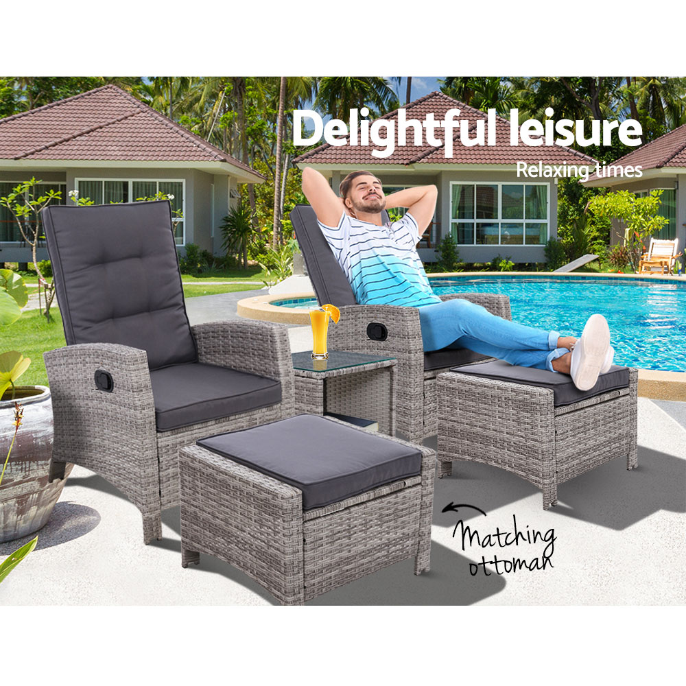 Gardeon Outdoor Setting Recliner Chair Table Set Wicker lounge Patio Furniture