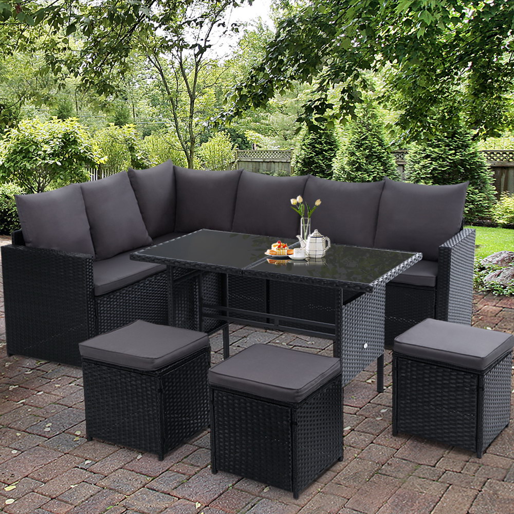 Gardeon Outdoor Furniture Dining Setting Sofa Set Lounge Wicker 9 Seater – Black and Dark Grey, Without Storage Cover