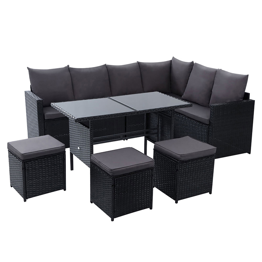 Gardeon Outdoor Furniture Dining Setting Sofa Set Lounge Wicker 9 Seater – Black and Dark Grey, With Storage Cover