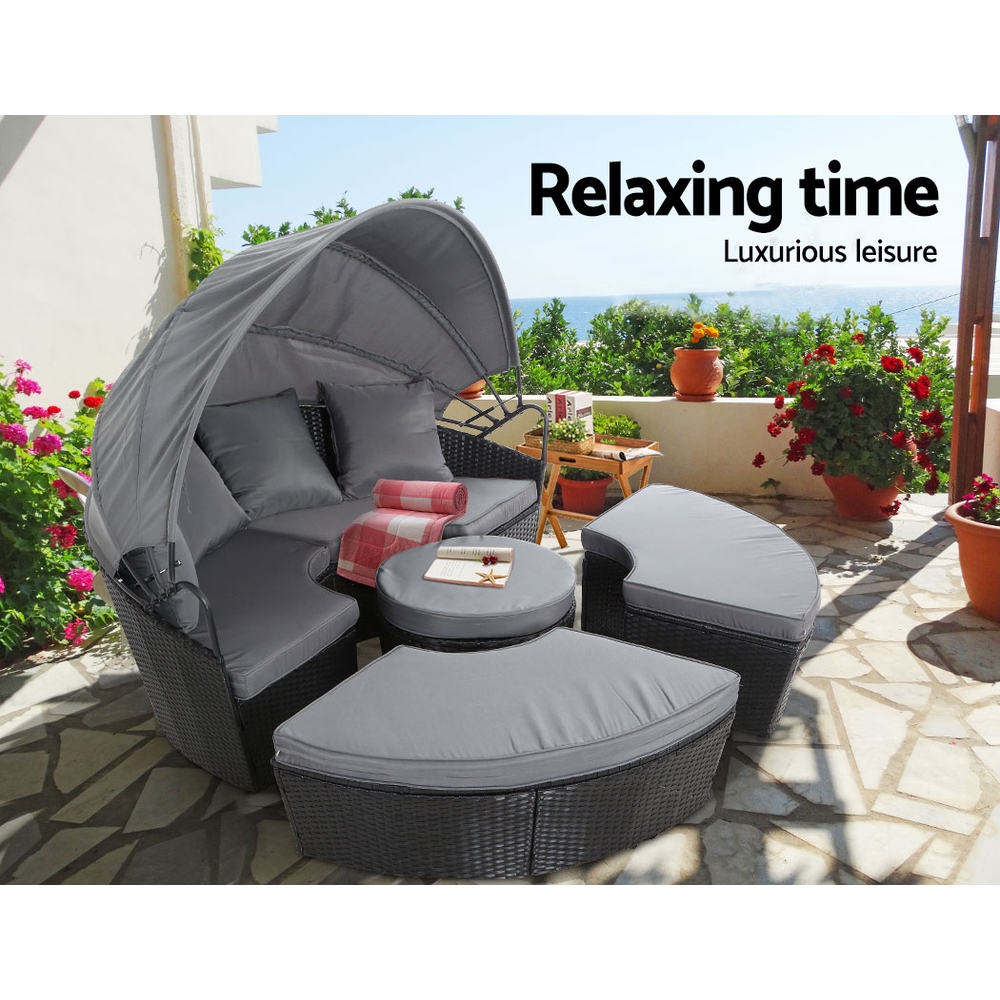 Gardeon Outdoor Lounge Setting Sofa Patio Furniture Wicker Garden Rattan Set Day Bed – Grey and Black