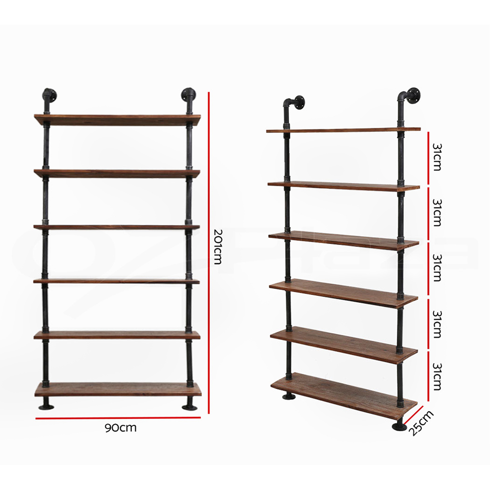 Artiss Rustic Wall Shelves Display Bookshelf Industrial DIY Pipe Shelf Brackets – 200x25x90 cm