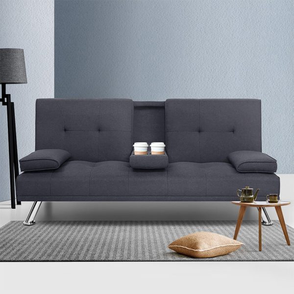 Tonyrefail Linen Fabric 3 Seater Sofa Bed Recliner Lounge Couch Cup Holder Futon Dark Grey