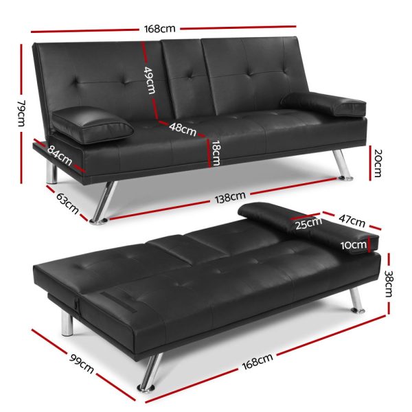 Petina Sofa Bed Lounge Futon Couch 3 Seater Leather Cup Holder Recliner